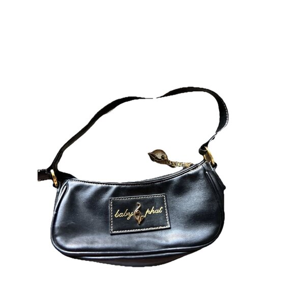 Vintage Baby Phat Mini Shoulder Handbag Black Leather Stone Logo Gold Charm RARE